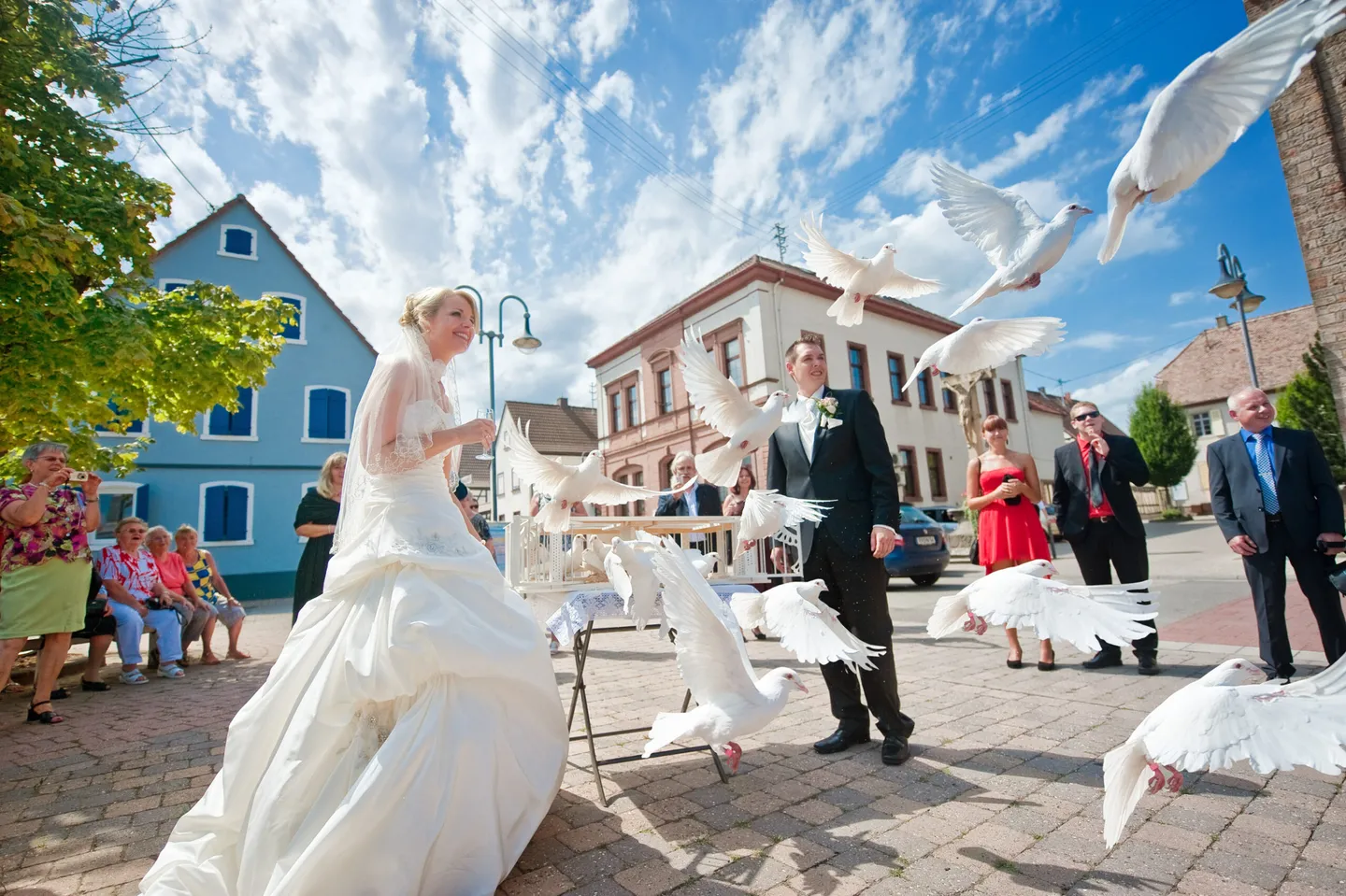 Bridal couple lets white doves fly, summer wedding
