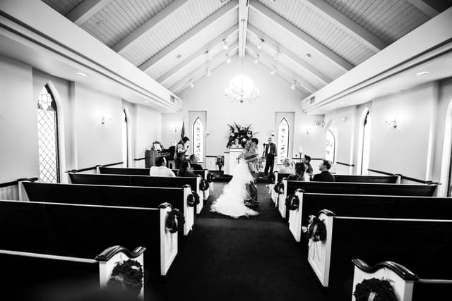 Wedding in a small chapel, black and white photography
