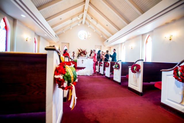 Wedding ceremony in a decorated church